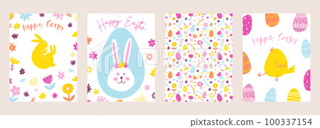Set of Happy Easter greeting cards. Hand drawn colorful plants, bunny, chicken, eggs in modern minimalist style Set of Happy Easter greeting cards. Hand drawn colorful plants, bunny, chicken, eggs in modern minimalist style 100337154