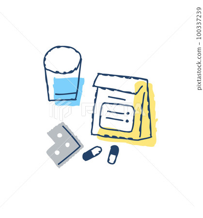 Prescription medicine and a glass of water 100337239