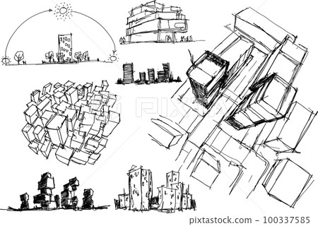 many hand drawn architectectural sketches of a modern architecture and urban ideas, buildings and people 100337585