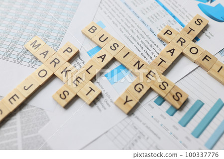 Words project, market, business, sales, strategy and profit on bars on financial documents. 100337776