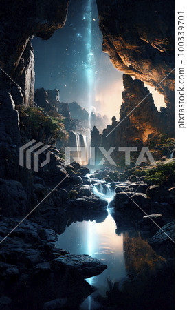mystical magical waterfall in the mountains 100339701