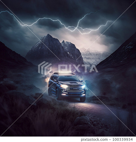 SUV rushes through the mountains SUV rushes through the mountains 100339934