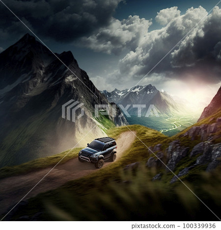 SUV rushes through the mountains SUV rushes through the mountains 100339936