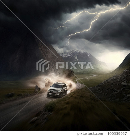 SUV rushes through the mountains SUV rushes through the mountains 100339937