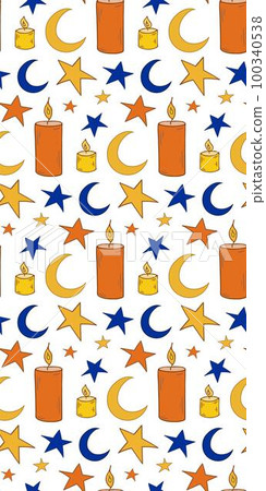 Seamless pattern candles moon stars. Orange, blue and yellow colors. Magical Doodle Bright Vector. Seamless pattern candles moon stars. Orange, blue and yellow colors. Magical Doodle Bright Vector. 100340538
