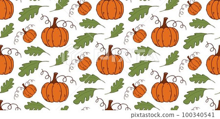 Seamless pattern Pumpkins and leaves. Vector imege doodle style. Green and orange. 100340541