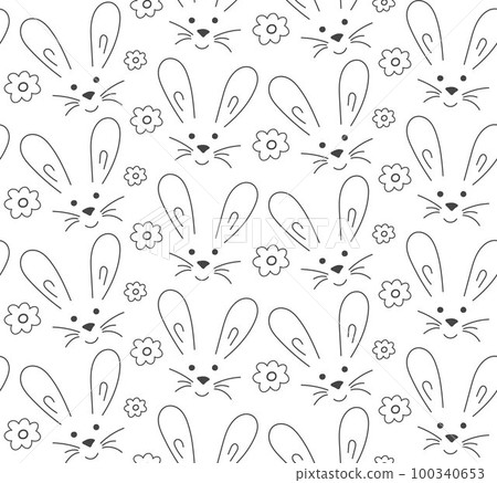 Doodle seamless pattern Rabbit, flowers. Black...-插圖素材