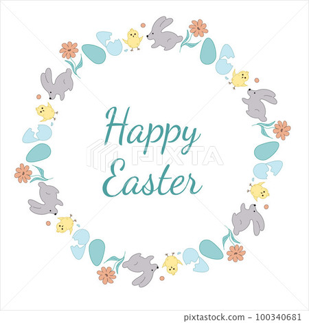 Easter wreath. Rabbit, flowers, chicken, eggs. Doodle vector illustration. Happy Easter lettering. Easter wreath. Rabbit, flowers, chicken, eggs. Doodle vector illustration. Happy Easter lettering. 100340681