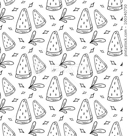 Watermelon and leaves Doodle seamless pattern. Vector black and white outline endless image. Watermelon and leaves Doodle seamless pattern. Vector black and white outline endless image. 100340750