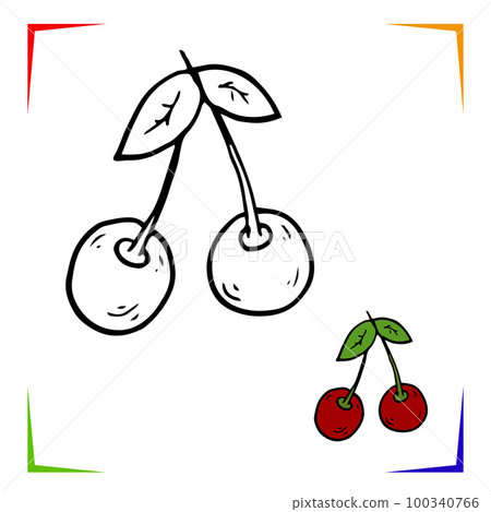 Cherry, sweet cherry Coloring Page. Vector Educational worksheet colored by sample. Paint game. Cherry, sweet cherry Coloring Page. Vector Educational worksheet colored by sample. Paint game. 100340766