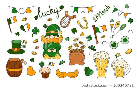 St Patrick vector set. Leprechaun hat, pot of gold, clover and flag, beer, balloons, mustache, dwarf St Patrick vector set. Leprechaun hat, pot of gold, clover and flag, beer, balloons, mustache, dwarf 100340781