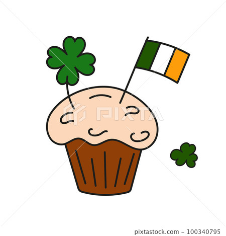 Patricks day cupcake vector isolated on white background. Symbol Doodle Irish Flag, clover, cake. Patricks day cupcake vector isolated on white background. Symbol Doodle Irish Flag, clover, cake. 100340795