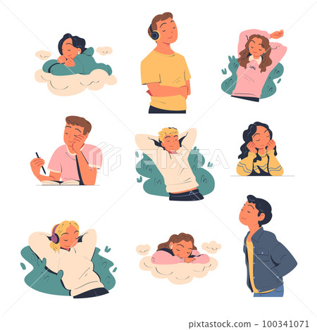 People Characters Dreaming Imagining and Fantasizing in the Clouds Vector Set 100341071