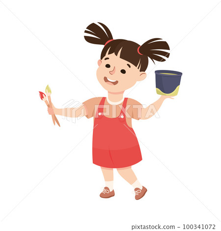 Cute Little Girl Standing with Bucket and Paint Brush Vector Illustration Cute Little Girl Standing with Bucket and Paint Brush Vector Illustration 100341072