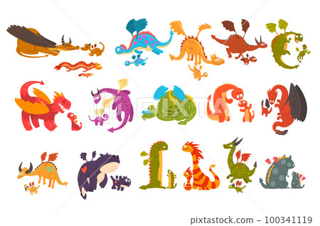 Parents dragons and their babies set. Happy families of mythical animals cartoon vector Illustration Parents dragons and their babies set. Happy families of mythical animals cartoon vector Illustration 100341119