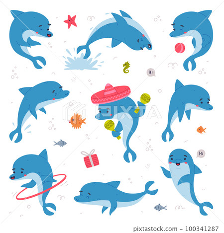 Cute blue dolphins set. Funny happy underwater animals playing and performing tricks cartoon vector illustration 100341287