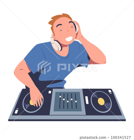 Male club DJ playing music at console mixer. Man musician in headphones mixing audio sounds on deck cartoon vector illustration Male club DJ playing music at console mixer. Man musician in headphones mixing audio sounds on deck cartoon vector illustration 100341527