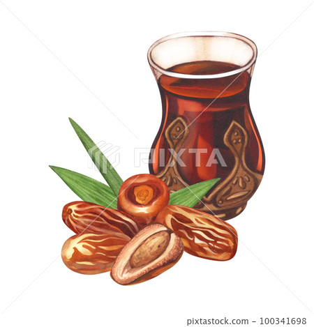 Watercolor arabian tea cup and dry palm dates fruit. Hand-drawn illustration isolated on white background. Perfect for islamic celebration day ramadan kareem, eid al fitr adha, arabesque design. Watercolor arabian tea cup and dry palm dates fruit. Hand-drawn illustration isolated on white background. Perfect for islamic celebration day ramadan kareem, eid al fitr adha, arabesque design. 100341698