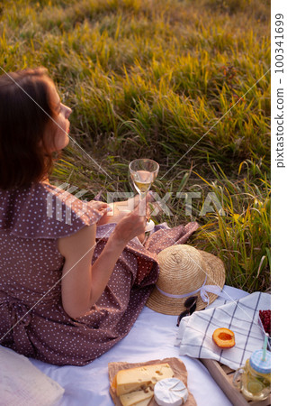 A woman in brown dress sits on a picnic in a park with panoramic view A woman in brown dress sits on a picnic in a park with panoramic view 100341699
