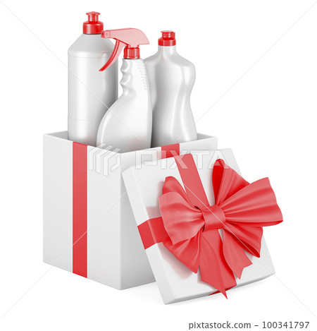 Detergent, cleaning products inside gift box, present concept. 3D rendering 100341797