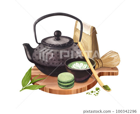 Watercolor group organic green Japanese matcha latte in cup, black teapot and whisk, dry leaves. Hand drawn illustration isolated on white background. Drink for food menu, cafe, cooking, design 100342296