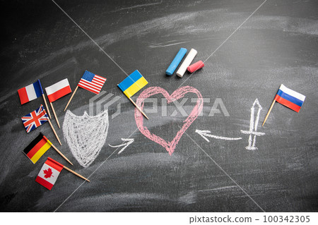Russian aggression and Ukrainian defense concept. Flags on a dark board 100342305