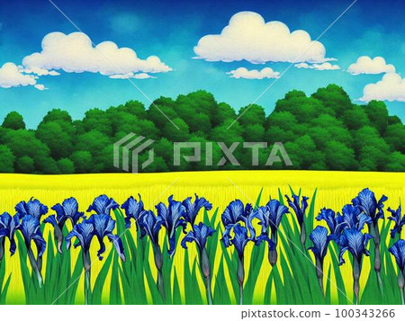 Iris garden, blue flowers, AI illustration Iris garden, blue flowers, AI illustration 100343266