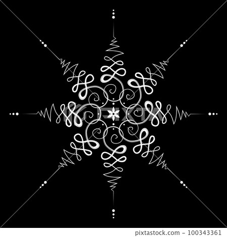Unalome mandala symbol, flower of life. Hindu or Buddhist sign representing path to enlightenment. Yantras Tattoo icon. Simple black and white ink drawing, isolated vector illustration 100343361