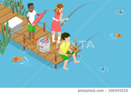 3D Isometric Flat Vector Conceptual Illustration of Children Fishermen 100345010