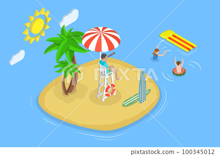 3D Isometric Flat Vector Conceptual Illustration of Beach Lifeguard 100345012