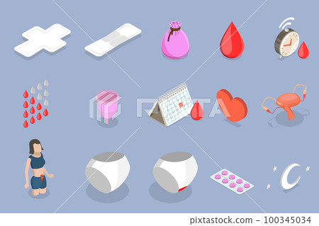 3D Isometric Flat Vector Set of Menstrual Period Symbols 3D Isometric Flat Vector Set of Menstrual Period Symbols 100345034