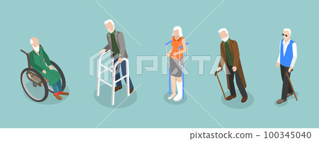 3D Isometric Flat Vector Set of Disabled Senior People 100345040