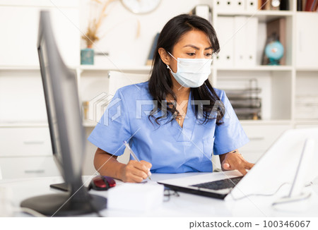 Portrait of female doctor wearing face mask for prevention at doctor room 100346067