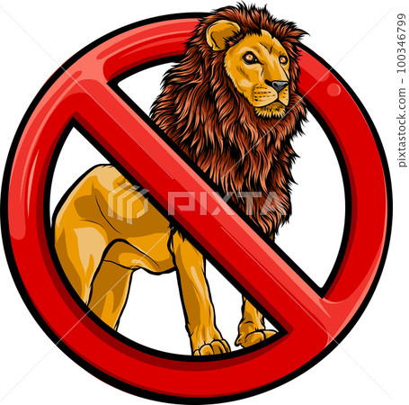 Stop lion. Prohibited wild animal. Emblem against predator. Red prohibition sign. 100346799