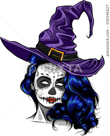 Pretty witch with hat. Vector hand drawn illustration Pretty witch with hat. Vector hand drawn illustration 100346827
