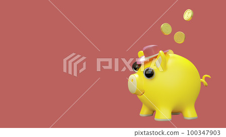 Yellow piggy bank wearing pink hat. Designed in minimal concept.  purple background and clipping path. 100347903