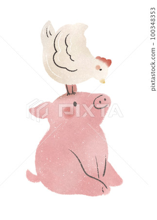 水彩風格的可愛豬和雞的插圖素材 100348353