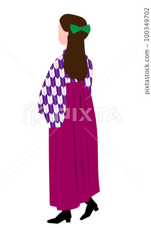 一個穿著袴向前走的女學生,後視圖,和服,左圖 一個穿著袴向前走的女學生,後視圖,和服,左圖 100349702