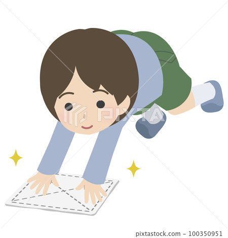 男孩用抹布擦地板 100350951