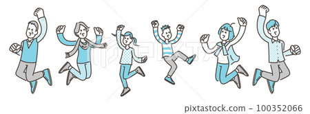 Fun three-generation family jumping with a smile [person vector illustration material] 100352066