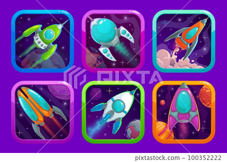 Cartoon space game app icons, spaceship rockets and galaxy starships, vector UI badges for mobile application. Galactic fantasy arcade game app icons or application UI buttons with space shuttles Cartoon space game app icons, spaceship rockets and galaxy starships, vector UI badges for mobile application. Galactic fantasy arcade game app icons or application UI buttons with space shuttles 100352222