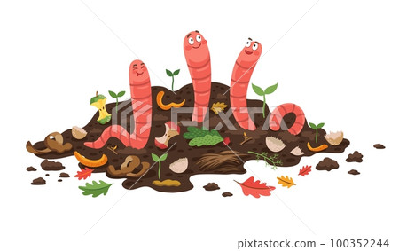 Cartoon compost worms. Isolated vector earthworms in organic garbage heap with leftovers and growing plants. Cute worm characters working in garden soil. Funny invertebrate personages recycling food Cartoon compost worms. Isolated vector earthworms in organic garbage heap with leftovers and growing plants. Cute worm characters working in garden soil. Funny invertebrate personages recycling food 100352244