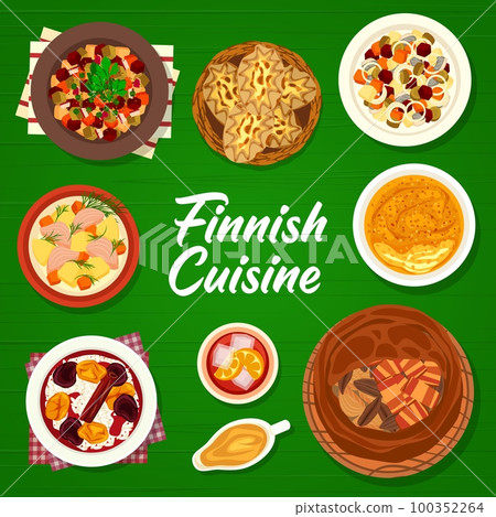 Finnish cuisine restaurant meals menu cover page. Karelian rice pies, beet salad with herring and pudding with fruit soup, salad Rosolli, fish pie Kalakukko and Lanttulaatikko, salmon soup Lohikeitto 100352264