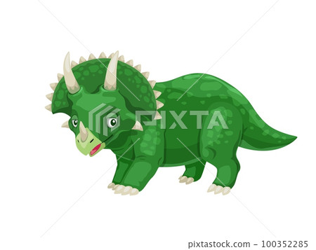 Cartoon Triceratops dinosaur character. Paleontology lizard, dinosaur comic vector personage. Mesozoic era herbivore animal, extinct green reptile or paleontology lizard childish personage with horns Cartoon Triceratops dinosaur character. Paleontology lizard, dinosaur comic vector personage. Mesozoic era herbivore animal, extinct green reptile or paleontology lizard childish personage with horns 100352285