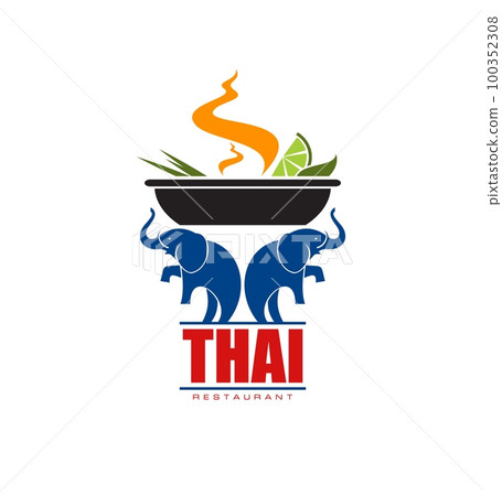 Thai cuisine icon. Asian country tourism journey gourmets, Thailand culinary restaurant meal vector emblem, Thai cuisine food menu symbol or sign with two elephants holding hot fruit soup plate Thai cuisine icon. Asian country tourism journey gourmets, Thailand culinary restaurant meal vector emblem, Thai cuisine food menu symbol or sign with two elephants holding hot fruit soup plate 100352308