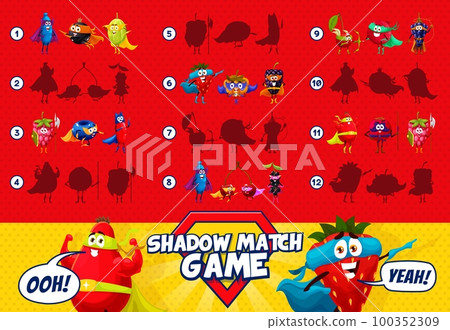 Shadow match game cartoon superhero and defender berry characters. Vector children logic activity with honeyberry, black currant, gooseberry or raspberry. Cloudberry, blackberry, blueberry or barberry Shadow match game cartoon superhero and defender berry characters. Vector children logic activity with honeyberry, black currant, gooseberry or raspberry. Cloudberry, blackberry, blueberry or barberry 100352309