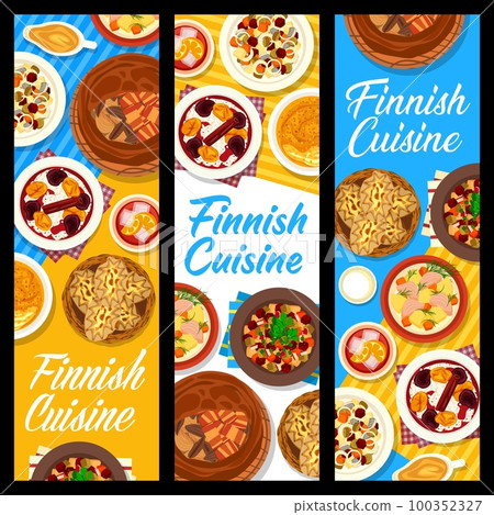 Finnish cuisine restaurant meals banners. Salmon fish soup Lohikeitto, pudding with fruit soup and beet salad with herring, Lanttulaatikko, pie Kalakukko and Karelian rice pies, beet salad Rosolli Finnish cuisine restaurant meals banners. Salmon fish soup Lohikeitto, pudding with fruit soup and beet salad with herring, Lanttulaatikko, pie Kalakukko and Karelian rice pies, beet salad Rosolli 100352327