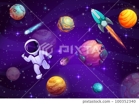Cartoon astronaut in outer space. Starry galaxy, planets and rocket. Vector funny kid cosmonaut float in weightlessness with alien planets, spaceship engine, asteroids, comets and shining stars Cartoon astronaut in outer space. Starry galaxy, planets and rocket. Vector funny kid cosmonaut float in weightlessness with alien planets, spaceship engine, asteroids, comets and shining stars 100352340
