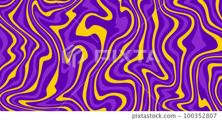 Retro groovy background. Wavy vintage trippy psychedelic wallpaper. Purple yellow pattern, cover, poster in 60s or 70s style. Liquid hippie texture. Vector Retro groovy background. Wavy vintage trippy psychedelic wallpaper. Purple yellow pattern, cover, poster in 60s or 70s style. Liquid hippie texture. Vector 100352807
