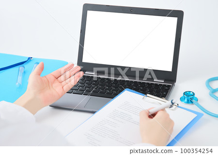 Online medical image. Examination and counseling through a computer monitor. doctor's hand 100354254